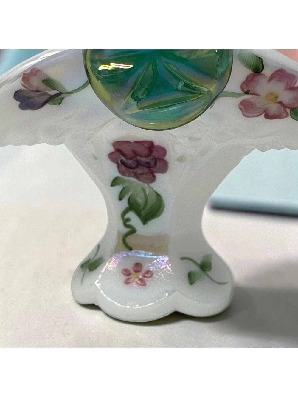 Fenton Glass Iridescent Spanish Lace Floral Hand Painted Mini Basket Signed